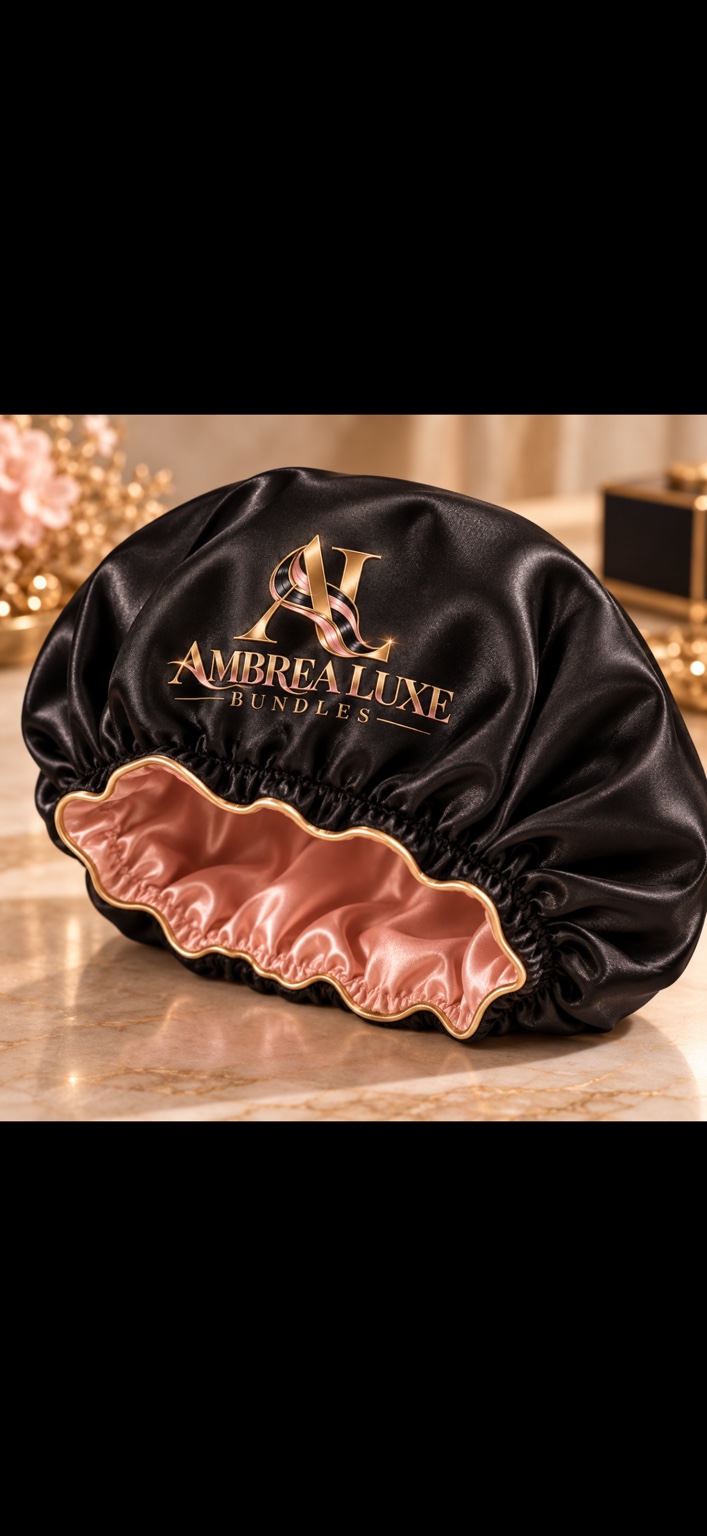 Black Ambrea Luxe bonnet with blush lining and gold trim