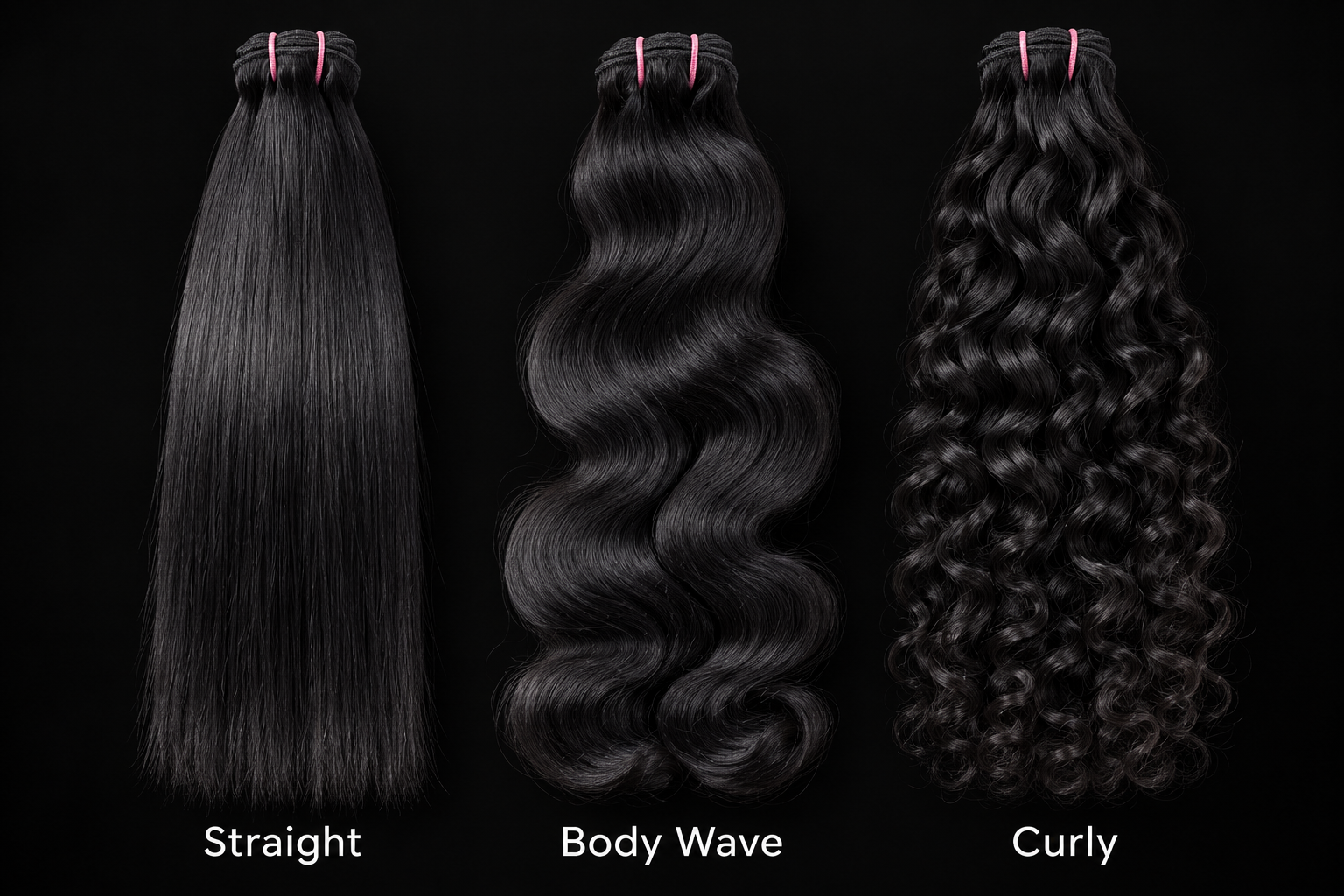 Straight, body wave, and curly black hair bundles shown side by side